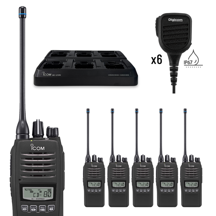 Icom IC-41 Pro 6 Pack | Waterproof Speaker Mics + 6 bay Charger