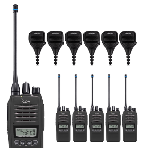 An Icom walkie-talkie set shown on a plain white background, including one large handheld unit and five smaller matching units, each with a separate microphone and each with an antenna.