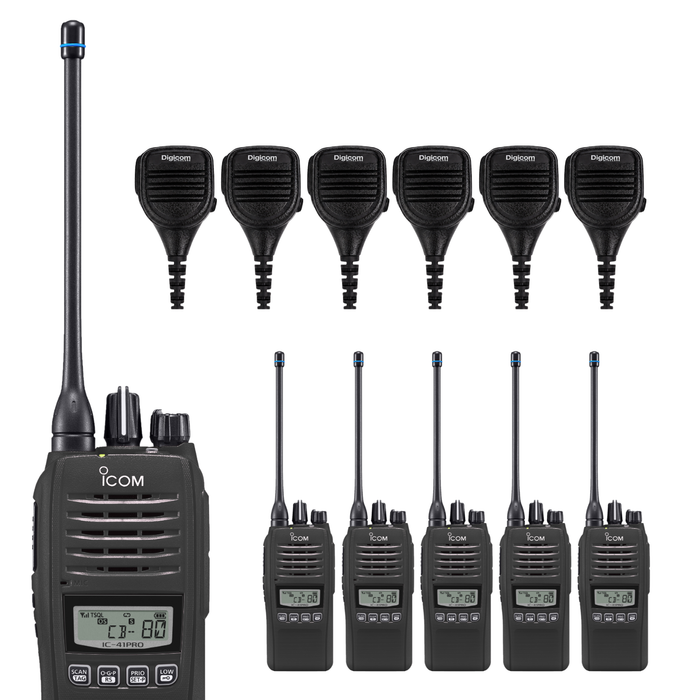 An Icom walkie-talkie set shown on a plain white background, including one large handheld unit and five smaller matching units, each with a separate microphone and each with an antenna.