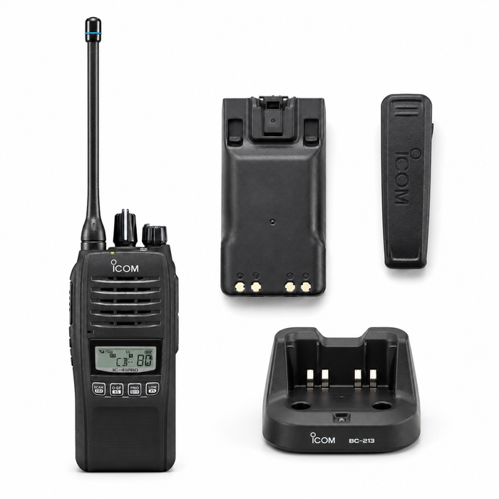 Icom walkie-talkie radio set with a handheld unit, battery charger, and two battery packs on a clean white background.